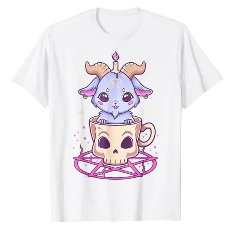 Kawaii Pastel Goth Niedlich Gruselig Pentagramm Baphomet Ziege T-Shirt Anime Manga Liebhaber Grafik T-Shirt Ästhetische Kleidung Halloween Kostüm