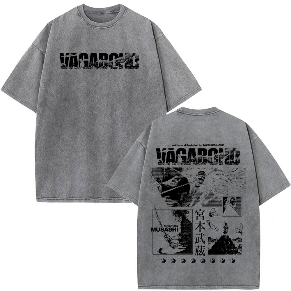 Anime Vagabond Miyamoto Musashi Vintage Washed Tshirts Men Women Clothing Fashion Casual Short Sleeve Oversized ONeck T Shirts