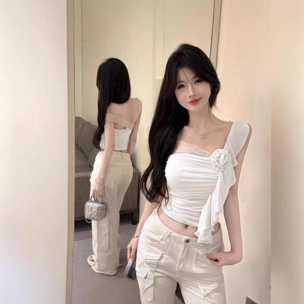 Trendy Lace Patchwork Off-Shoulder Slim-Fit Korean Top