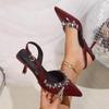 Fashion Crystal Decoration Wine Red Sandals Pointed Toe Sling Back Pumps Women 2025 Summer Patent Leather Thin High Heels Shoes Woman