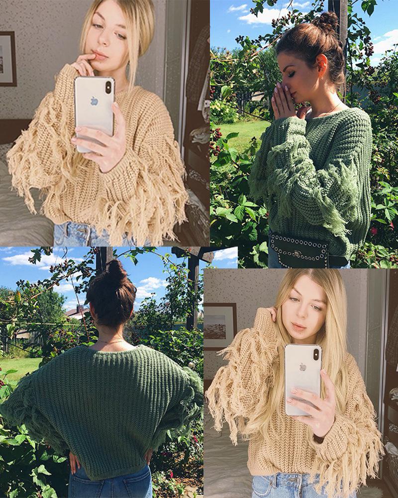 Autumn Tassel Decor Long Sleeve Loose Knit Sweater - European & American Fashion Style for Women