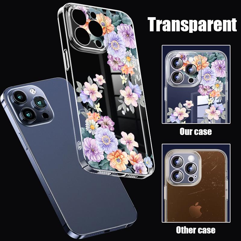 Farbiger Blumendruck, klare, stoßfeste Handyhülle für iPhone 16 Pro Max 15 Pro 14 13 12 11, Hart-PC-Linsenschutz, schlanke, transparente Stoßstangenabdeckung