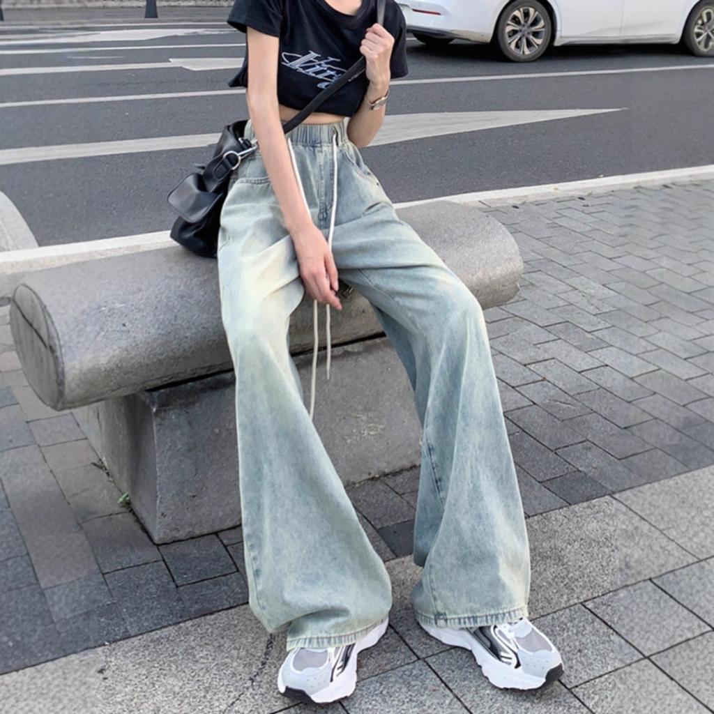 Drawstring elastic waist junior high school student light-colored jeans men's and women's summer new spring autumn and winter wide-leg casual pants