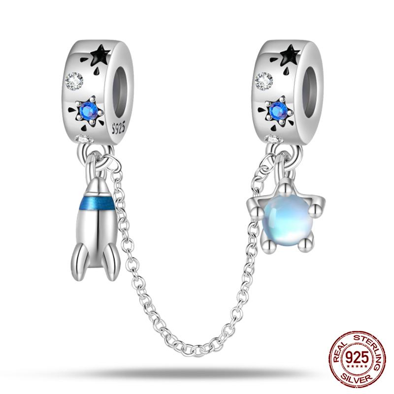 Real 925 Silver Stars & Moon Sunflower Safety Chains Spacer Beads Charms Fit Qikaola 925 Bracelets DIY Jewelry
