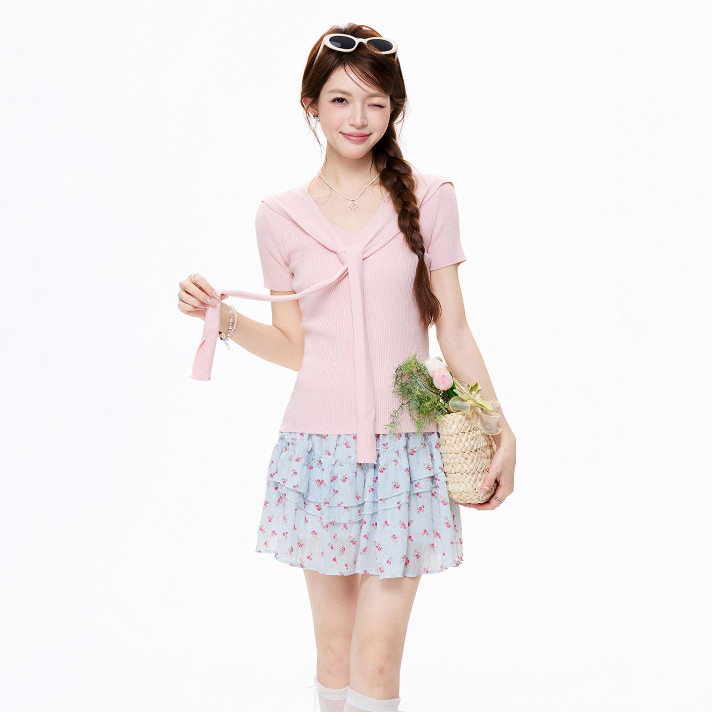 

Pink sweet style navy collar shawl short-sleeved T-shirt summer temperament soft waxy slim and thin vertical pit strip top One size fits all розовый