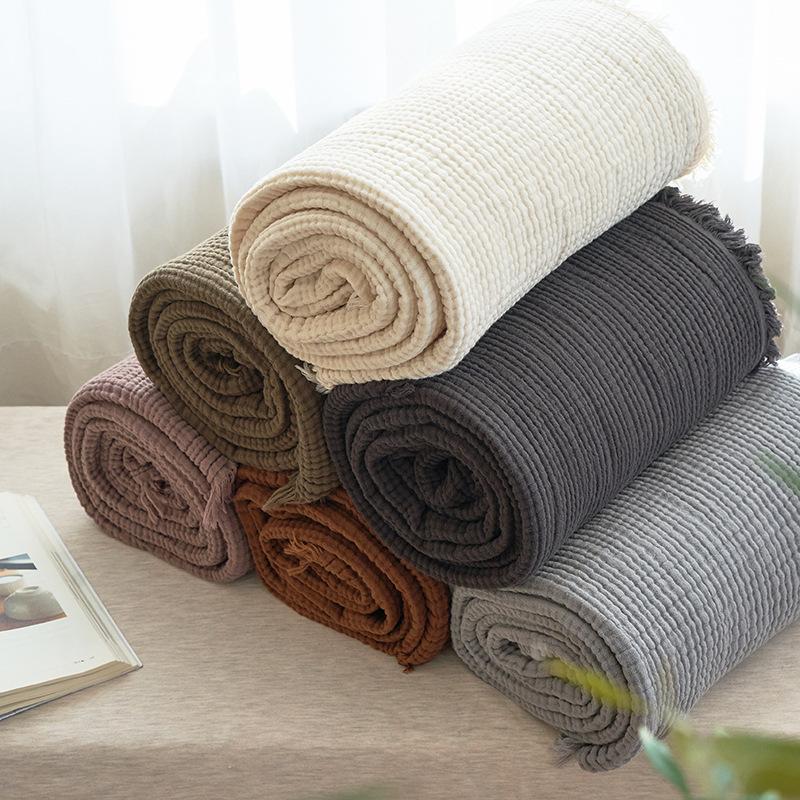 Japanese Style Maillard Four-layer Gauze Tassel Blanket Vintage Wrinkled Texture 100% Cotton Gauze Throw for Sofa Office Home