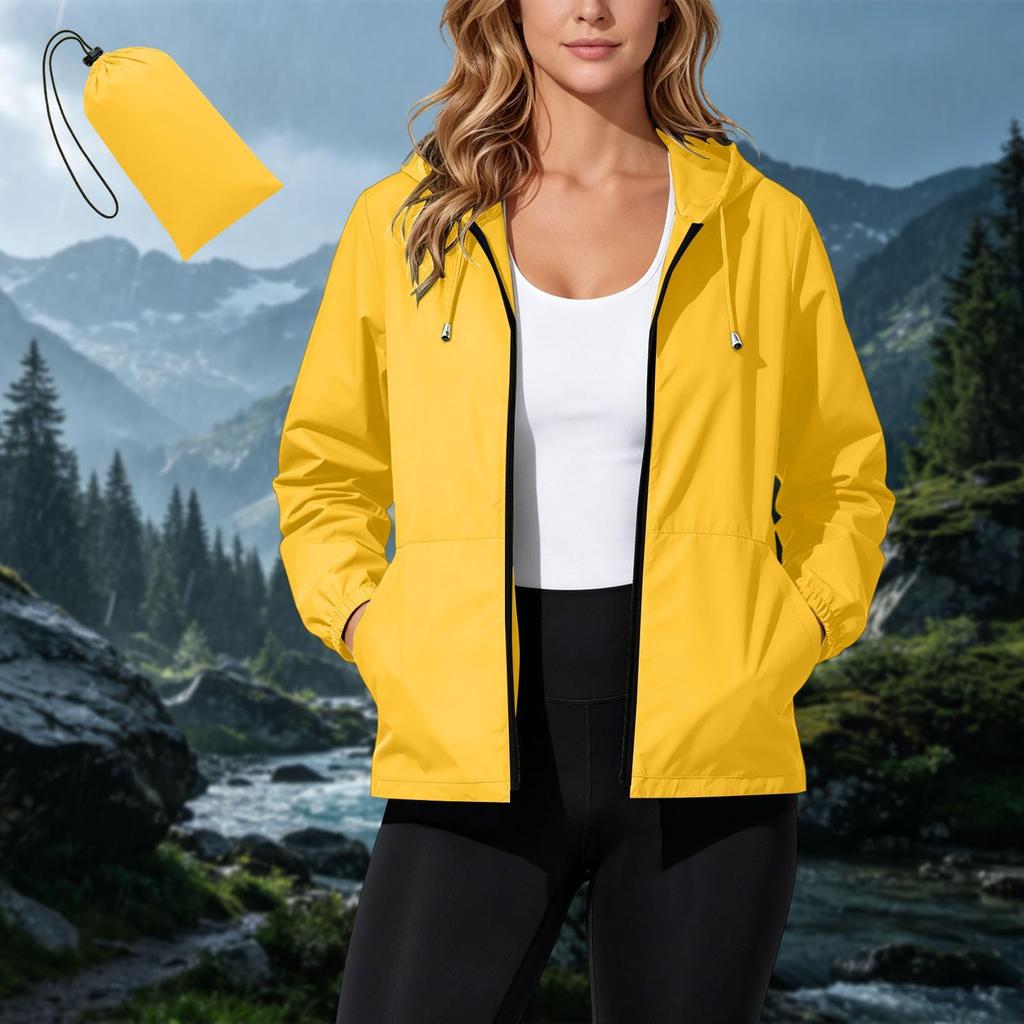 Women's Waterproof Windproof Hooded Jacket Lightweight Packable Outdoor Raincoat with Zipper Pockets and Adjustable Drawstring Hood