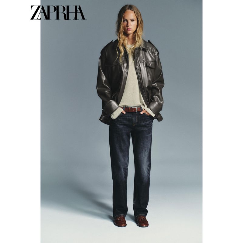Zaprha 2025 Autumn New Lapel Long Sleeve Strap Pocket Decoration Imitation Leather Jacket All-Match Outerwear 4341766