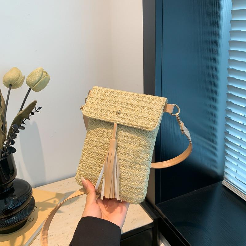 Summer New Casual Woven Shoulder Crossbody Vertical Mobile Phone Bag Simple Commuter Small Square Bag Women's Bag