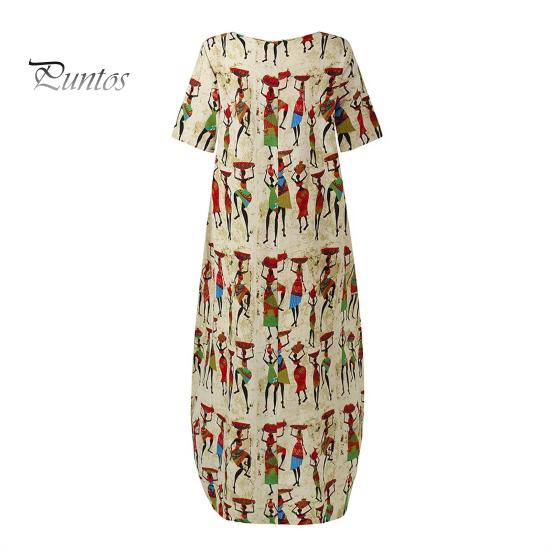 Women's Summer Casual Maxi Dress Loose Short Sleeve Crew Neck Long Dress Beach Ethnic Printed Sundresses