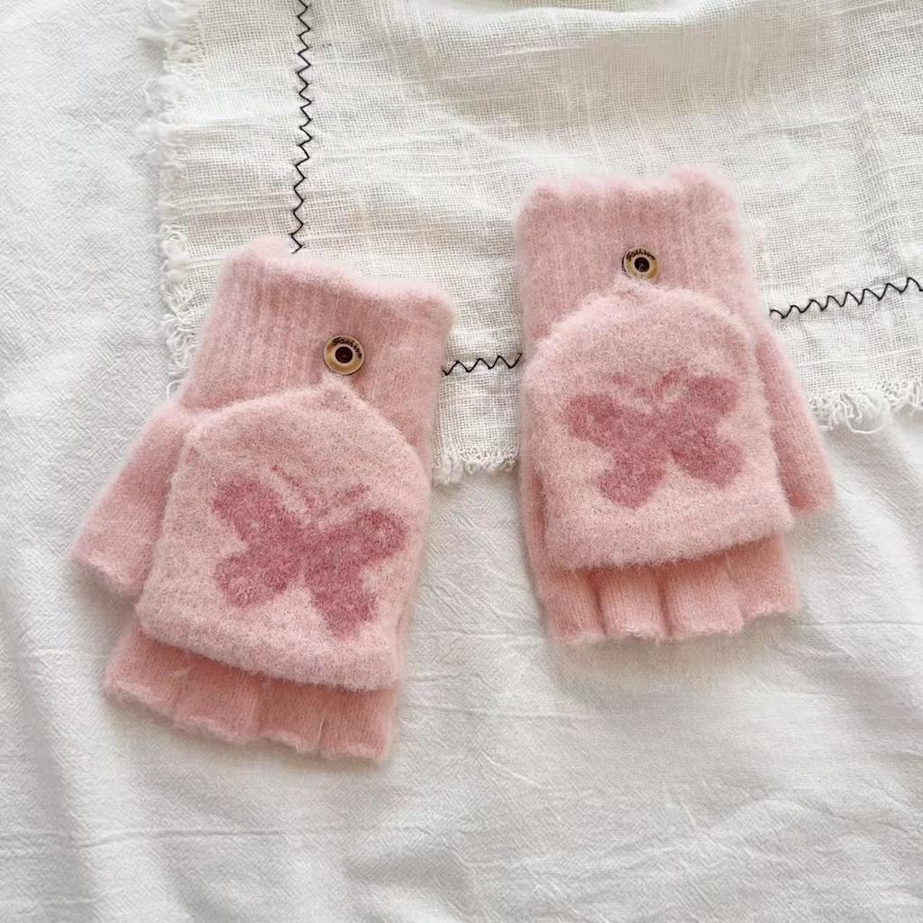 Bow Flip Knitted Gloves New Plush Thickened Cold Proof and Warm Student Fingerless Versatile Cartoon Trend
