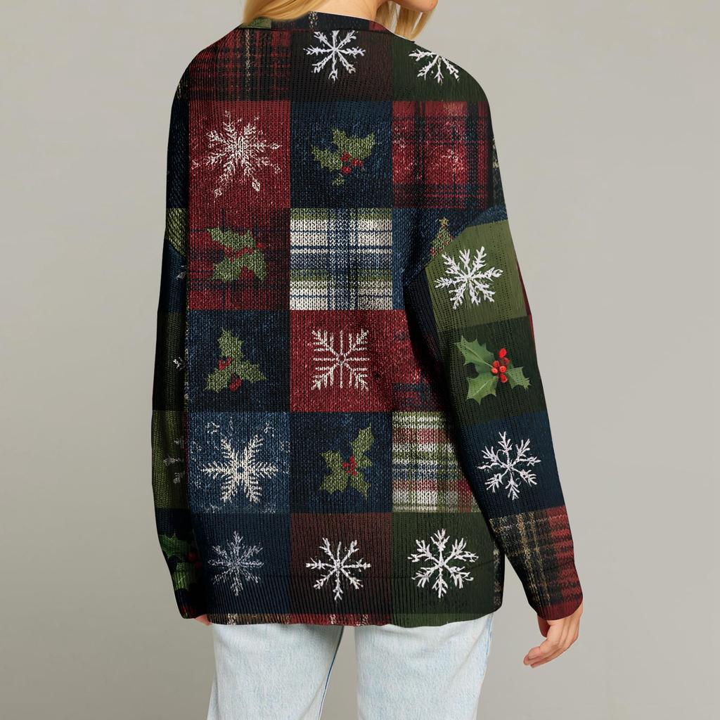 Dámský módní kardigan s dlouhým rukávem, vánočním potiskem, výstřihem do V a knoflíky, volný top