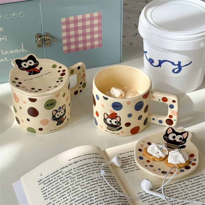 Cat Mug with Lid Polka Dot Ceramic Cup, Cartoon High-value Couple Water Cups Birthday Gift for Girls Birthday Present Drinkware