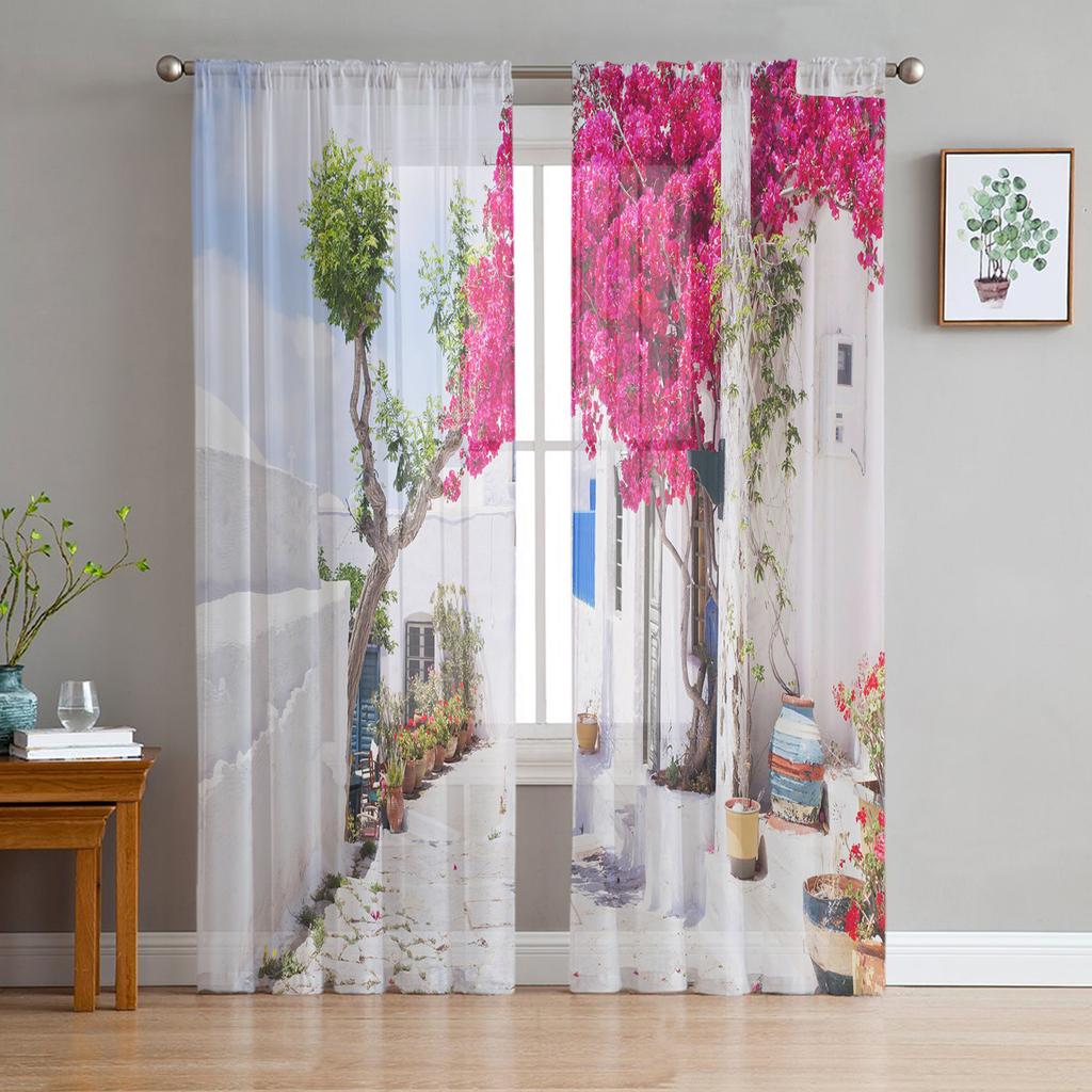 Griechenland Santorini Blaudachkirche Transparente Vorhänge zur Wohnzimmerdekoration Fenstergardinen Küche Tüll Voile Organza Vorhänge