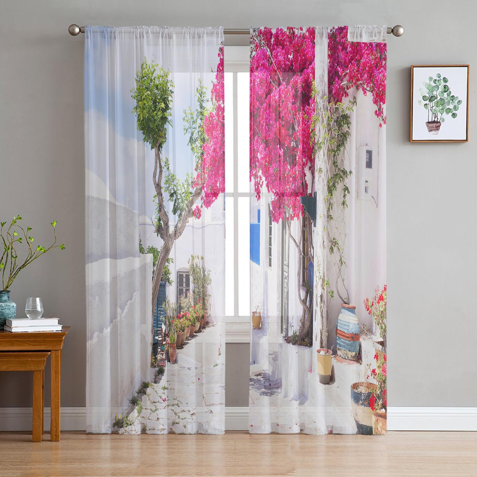 

Греция Санторини Голубая крыша Церковь Прозрачные шторы для гостиной Украшения Оконные шторы Кухня Тюль Вуаль Органза Шторы W135 x H115cm x1&Grommet Top