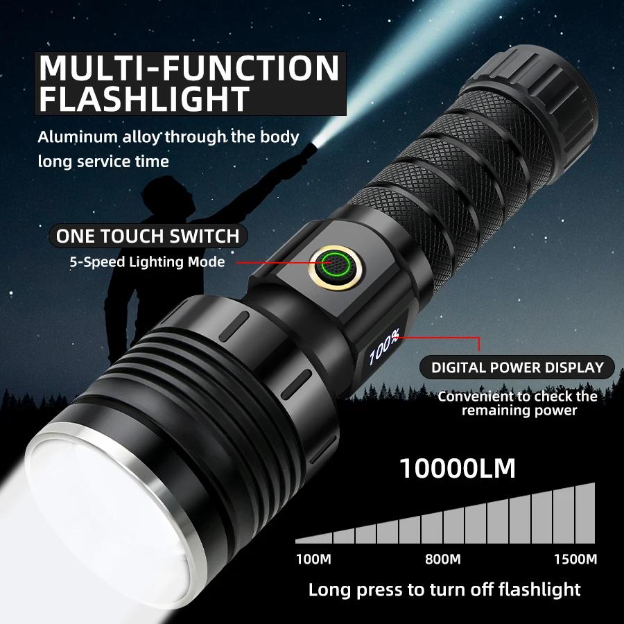 Rechargeable Powerful LED Flashlight Torch Light 10000LM High Power Flashlight Tactical Lantern Long-cut Range Hand Lamp For Camping