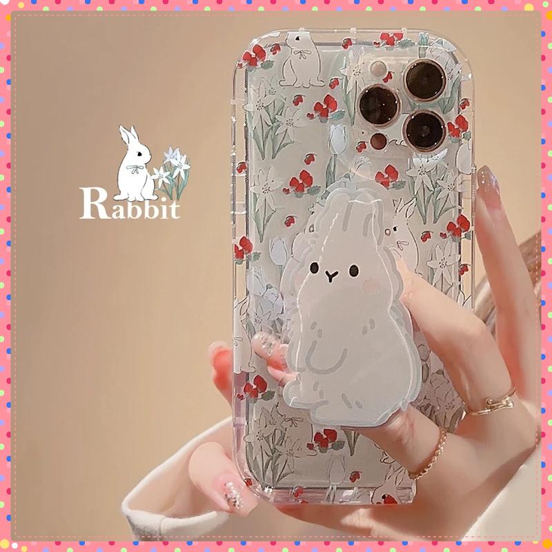Cute Rabbit Grip Holder Phone Case For iPhone 16 15 14 13 12 11 Pro Max XR X XS 7 8 Plus Stand Floral Clear Soft Silicone Cover