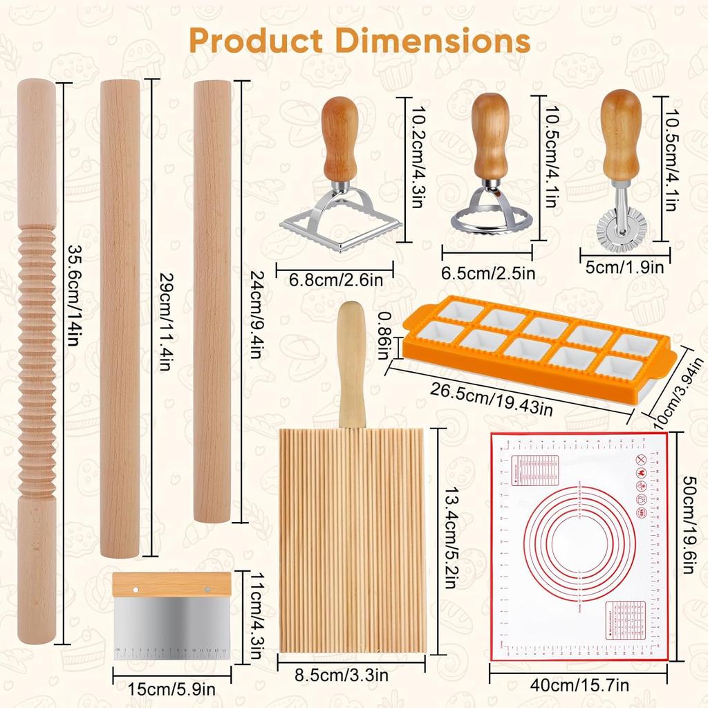 Pastamaker Set 10 Delen, Houten Pastamaker Gereedschap met Deegroller & Plank, Ravioli Stempel en Dumpling Ravioli Vorm Kit voor Italiaanse Pasta, Ravioli
