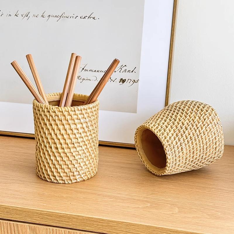 Handmade Wicker Flower Basket Organizer Natural Straw Vintage Rattan Vase Decorative Vases Desk Storage Container Home Decor