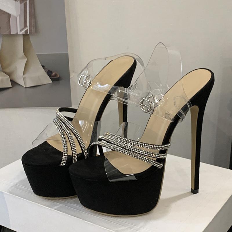 Summer Fashion Rhinestone Platform High Heels Transparent Sandals For Women Open Toe PVC Ankle Strap Wedding Banquet Shoes