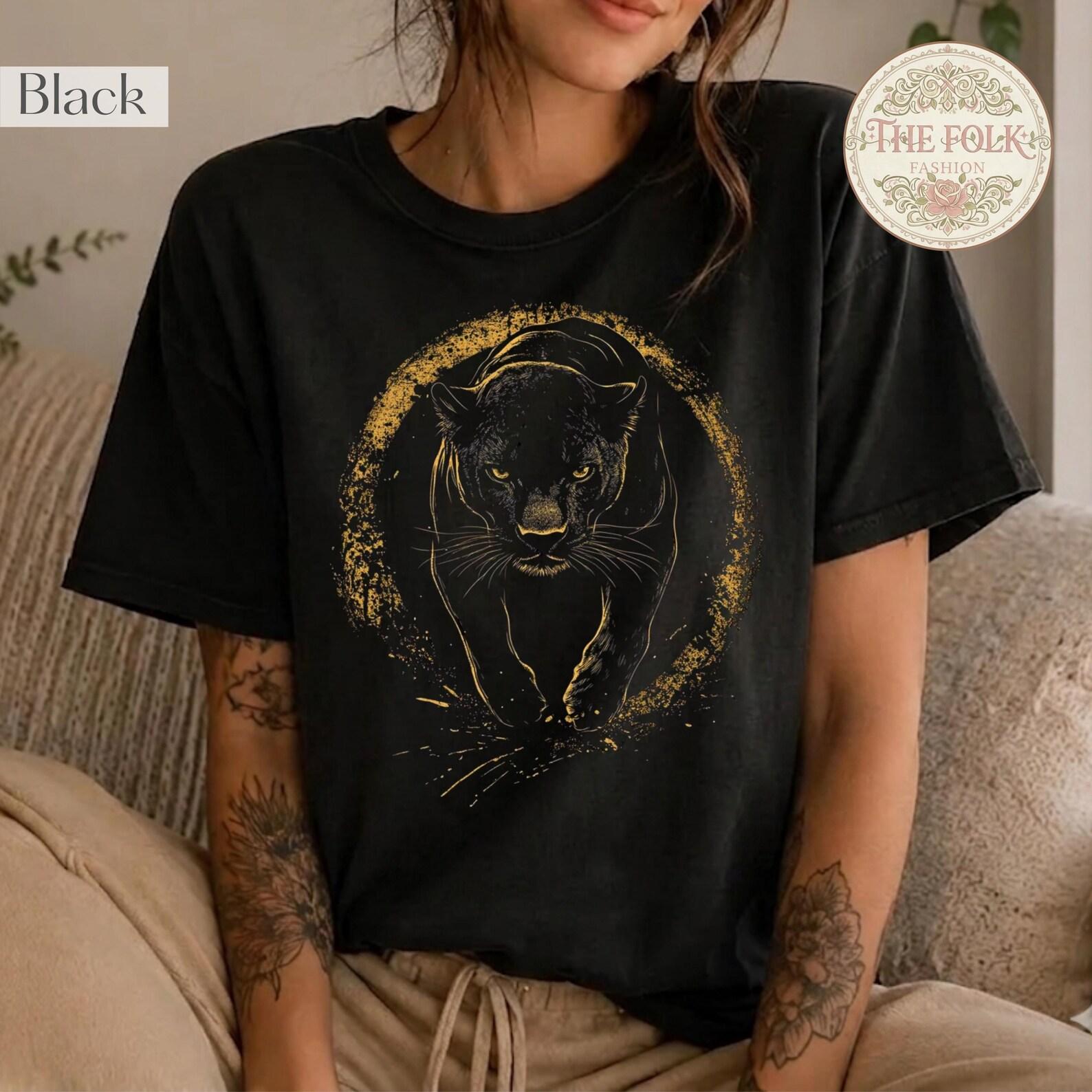 Black Panther Shirt, Vintage Big Cat Tee, Gold Cheetah Tshirt, Mystic Leopard Graphic Tee, Retro Animal Shirt, Edgy Streetwear Shirt L