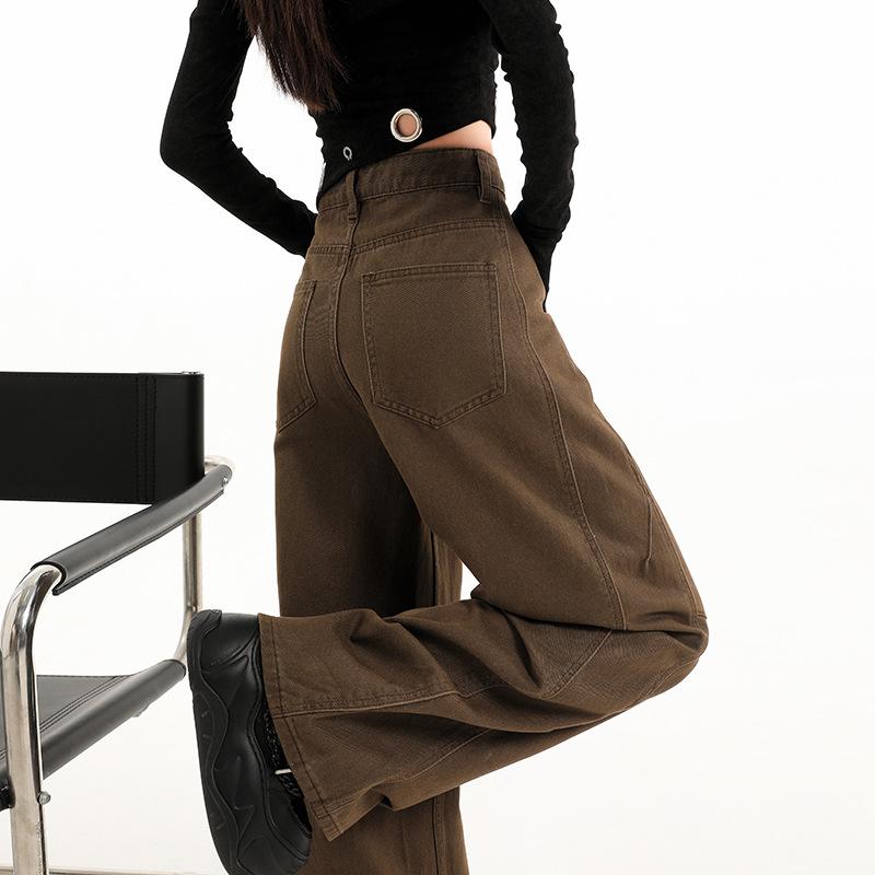 Brown coffee American retro wide-leg pants spring washed old jeans loose straight casual pants children