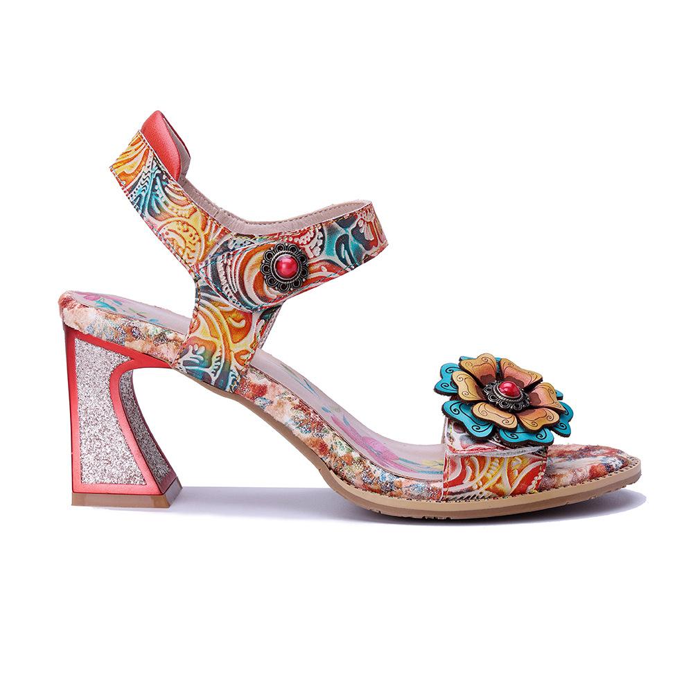 Johnature Echtes Leder Handgefertigt Barockstil Retro Blume Bequem Quadratischer Absatz High Heels Sandalen