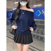 Kumikumi Gentle Temperament Sloping Shoulder Long Sleeve Knit Women Clothes Autumn Slimming All-Match Solid off-Shoulder Top