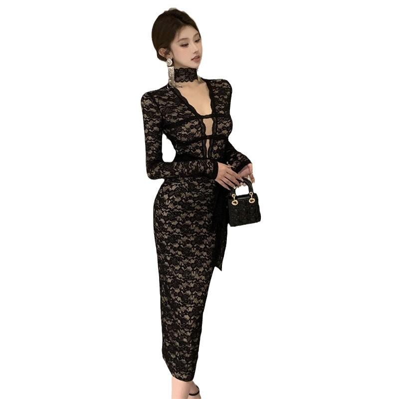 Women's temperament V-neck lace-up slim lace long-sleeved dress