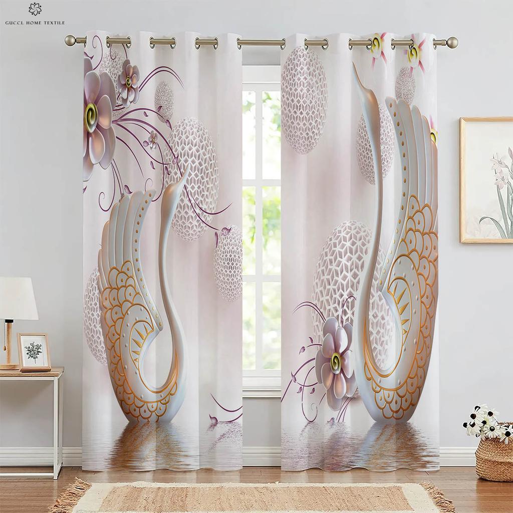 Set Of 2 Window Curtains Flowers Water Printing Kitchen Bedroom Study Living Room Decorative Curtain For Made Polyester