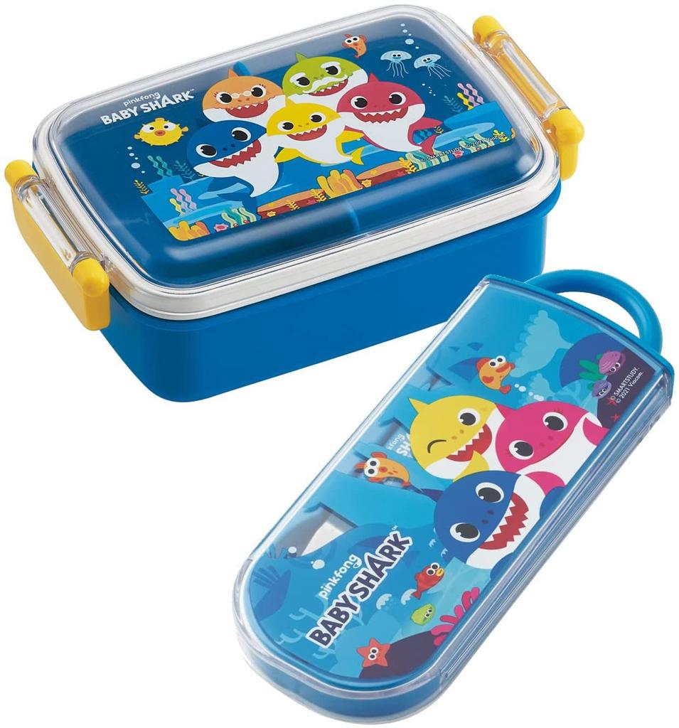 Skater Bento Trio and Antibacterial Made in Baby Shark TACC2AG Kids' Set, Chopsticks, Spoon, Fork, Cutlery, Easy-Opening Slide-Open Design, Japan,