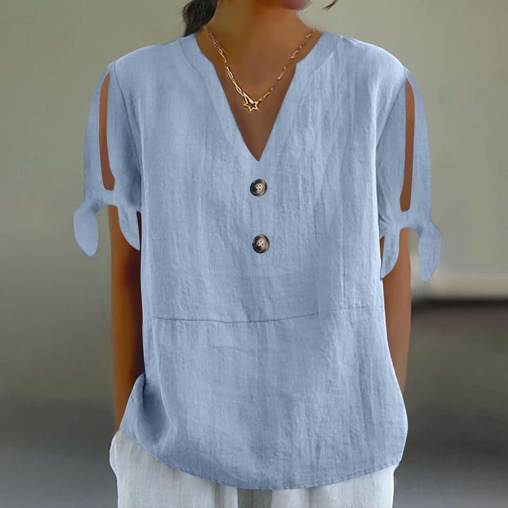 Women's Cotton Linen Shirt Short-sleeved Hollow V-neck Top Casual Knot T-shirt Loose Solided Color T-shirt Top