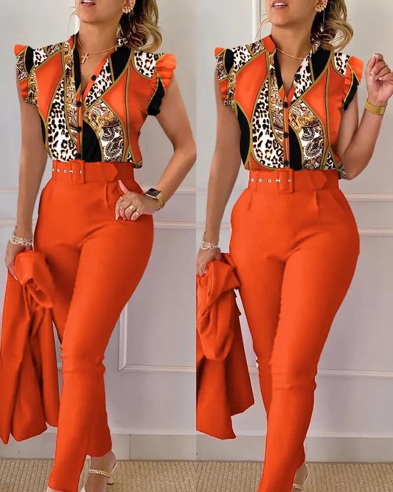 Floral Lotus Leaf Sleeve Top Solid Pants Set Women Casual 2 Piece Outfit with Belt