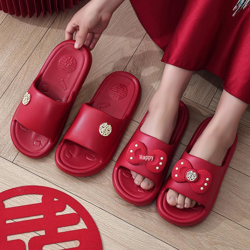 Festive Wine Red Bride Slippers: Luxurious, Comfy Summer Footwear
