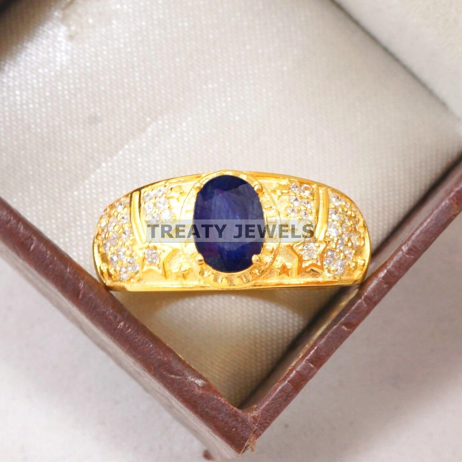 

Blue Sapphire Oval Cut With 925 Sterling Silver Gold Plated Ring For Men #B618 JL375686514690 4-16 US золотий