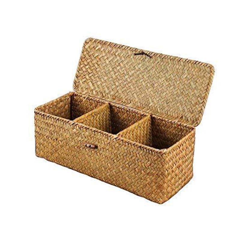 Rectangle Hand Woven Basket Desktop Natural Bamboo Weaving Storage Box 3-Slot Sundries Organiser Cosmetic Container Case 1