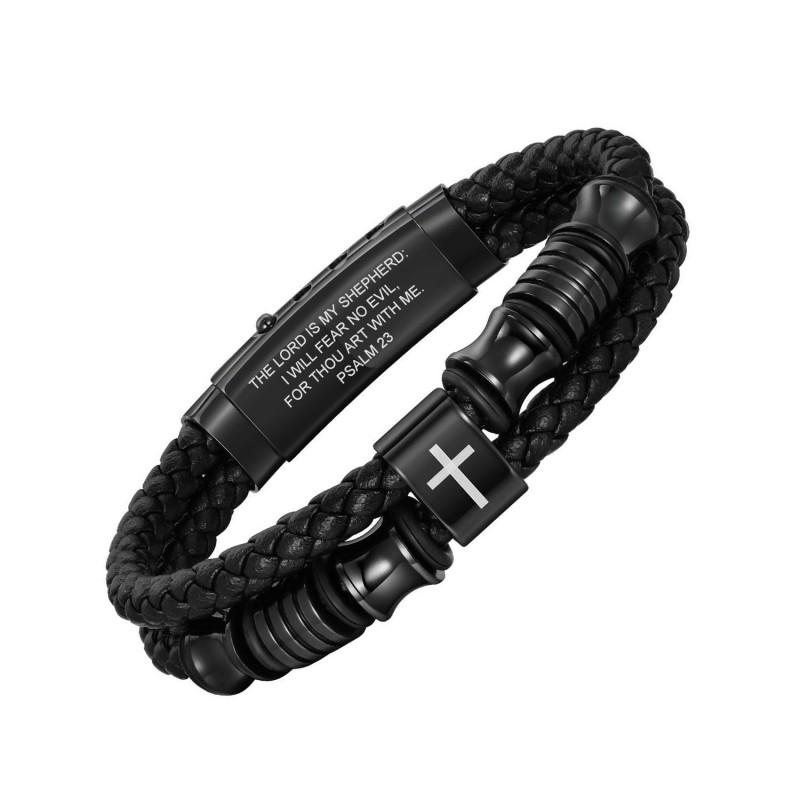 Mens Adjustable Stainless Steel Cross Pendant Braided Leather Bracelet Fashion Casual Wear