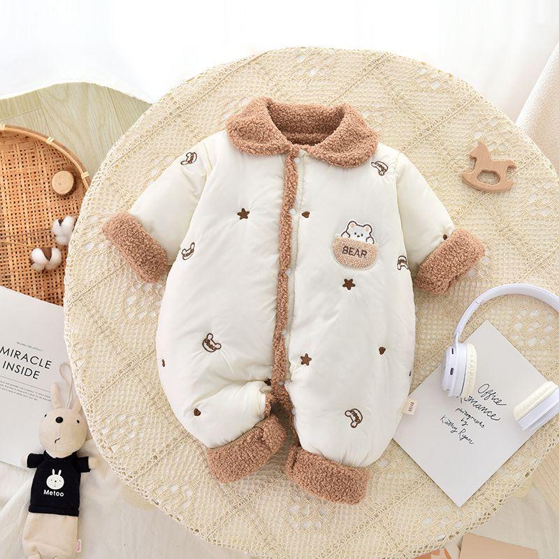 Cartoon Bear Fleece Baby Bodysuit - Warm Winter Outdoor Wear for Newborns