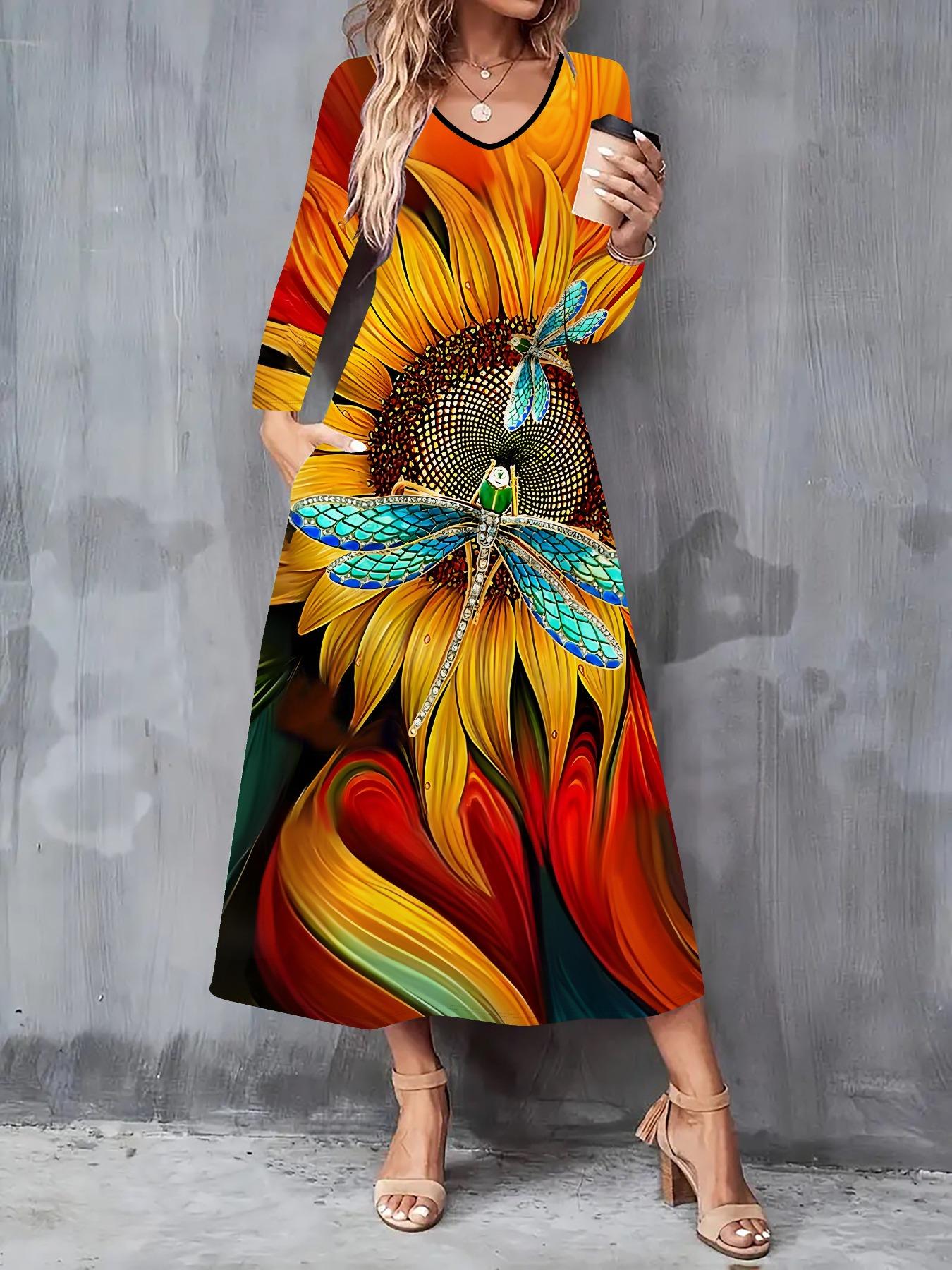 

2025 Осень и Зима Новое Женское Повседневное Модное Платье 3D Принт Бабочки Длинный Рукав V-образный Вырез A-силуэт Платья XXL оранжевый