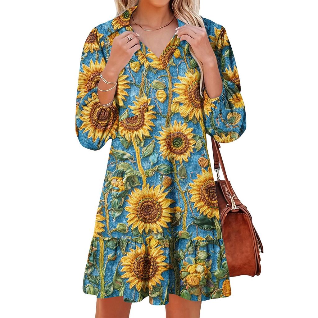 Damenmode Elegant Herbst Und Winter Langarm V-Ausschnitt Weihnachtsprint Kleid