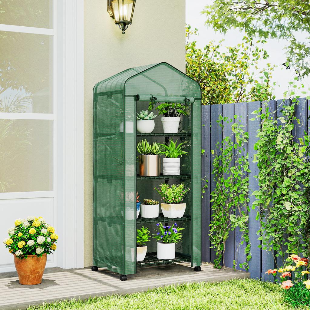 4 Tier Mini Portable Greenhouse Compact Plant Grow Shed Metal Frame PE Cover with Lockable Rolling Wheels , Green