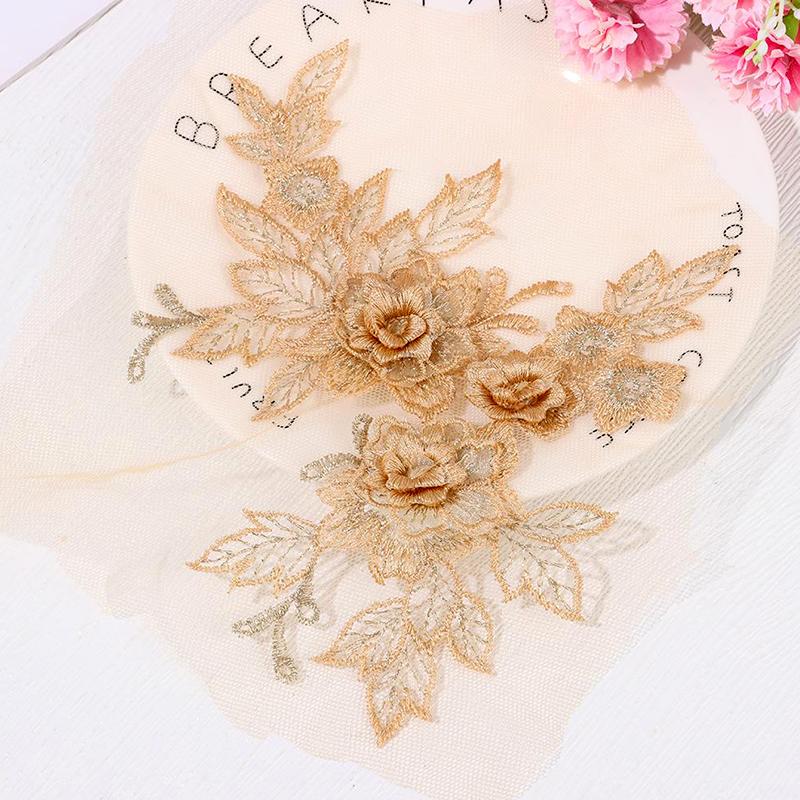 2Pcs Flower Embroidered Trim Lace Applique Fabric Craft Sewing Motif Dress Decoration Wedding Bridal DIY Patches Hollowed Out