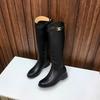 Korean Version of Cowhide Oblique Arc De Triomphe Buckle with Thick Heel Tall Knight Boots Autumn and Winter
