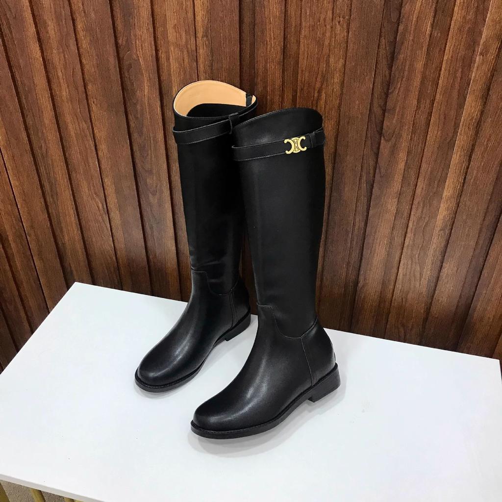 Korean Version of Cowhide Oblique Arc De Triomphe Buckle with Thick Heel Tall Knight Boots Autumn and Winter