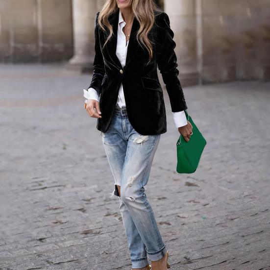 Golden Velvet Suit Coat Lapel Long Sleeve Single Button Suit Jacket with Flap Pockets Slim Fit Three-Dimensional Tailoring Outerwear