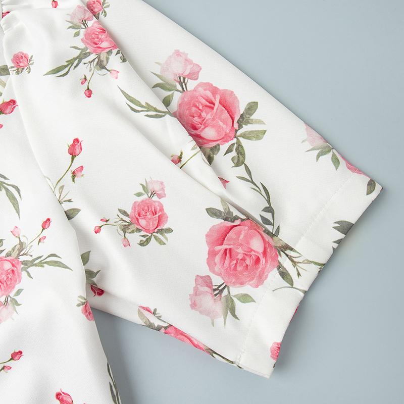 Summer Print Puff Sleeves Ruffled Dress Women's V-Neck High Waist Pearl Buttons Mini Dress Female Casual Vacation Fashion Dress