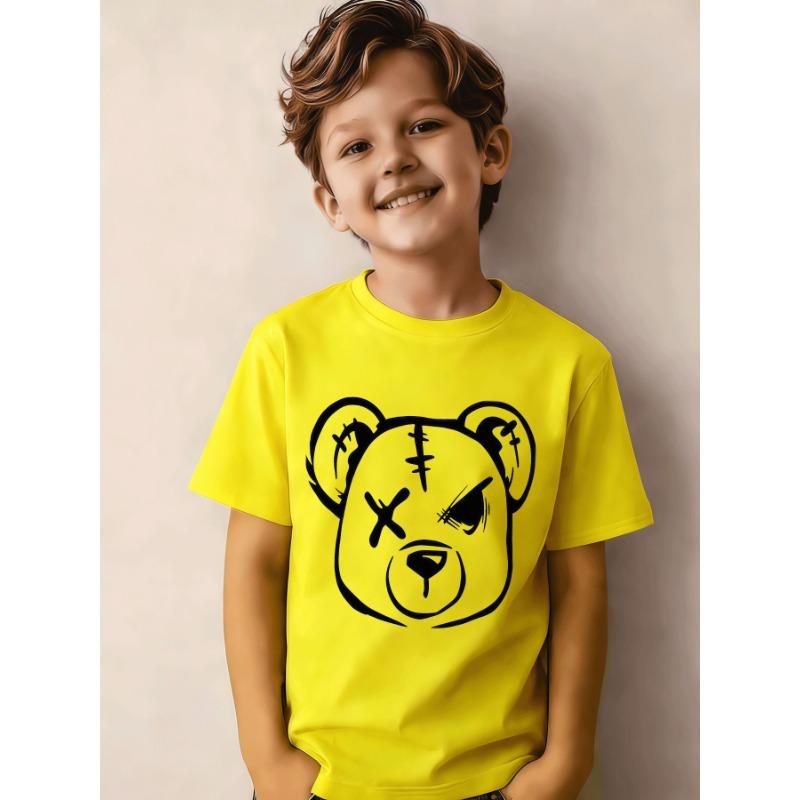

European Size Childrens Round-neck Short-sleeved T-shirt with Simple Bear Face Pattern Print 164cm
