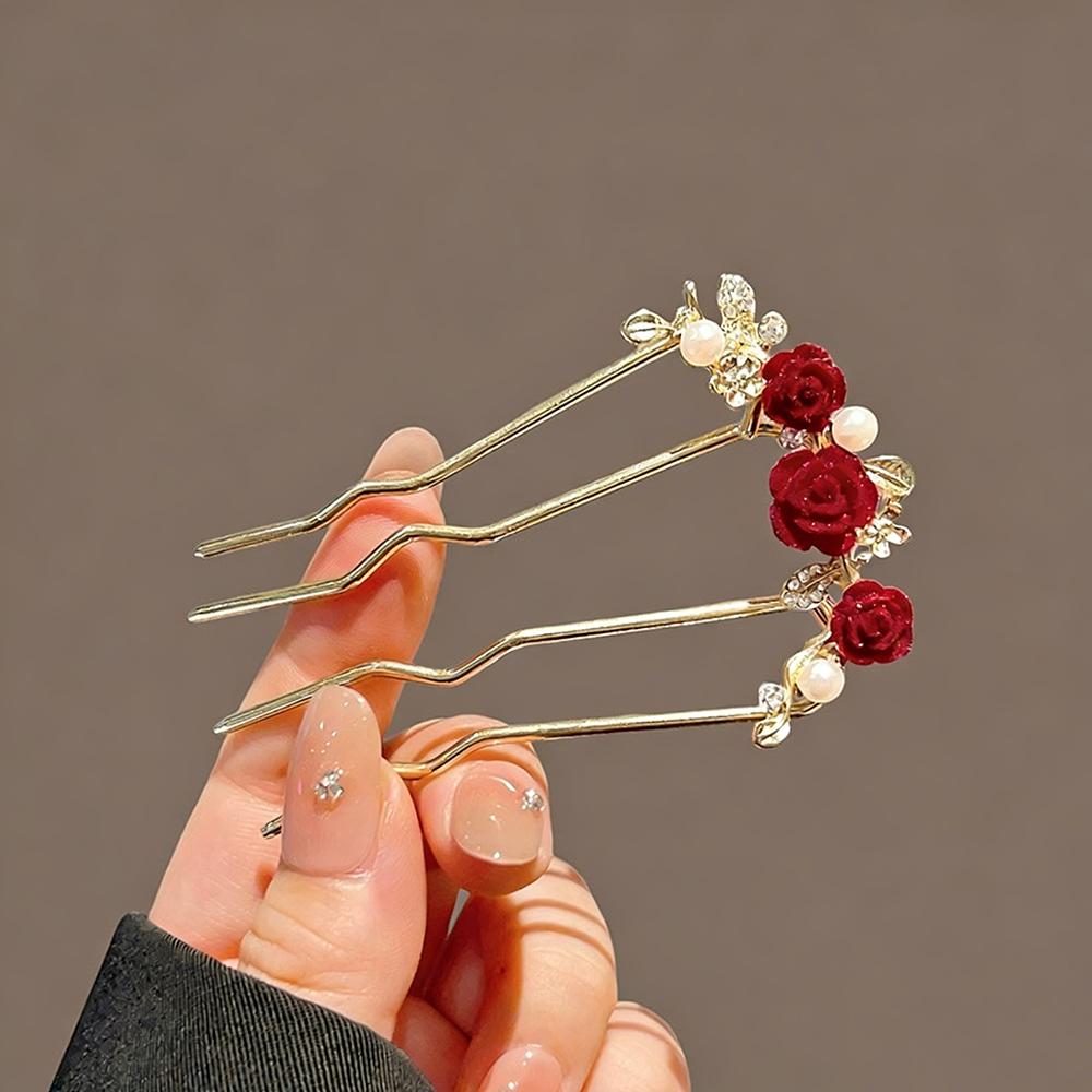 

Red Rose Hair Pin Set Alloy Gold/Black Tone with Velvet Flower Pearl Detail Multi-prong Design Elegant Retro Hair Accessory