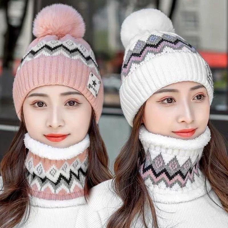 2PCS Beanies Cycling Windproof Hat Scarf Set Outdoor Plush Velvet Winter Ear Protection Neck Warmer Women