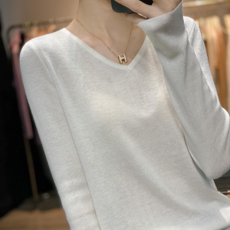 Women's Loose Korean Style V-Neck Thin Sweater - 2023 Long Sleeve Knitted Wool Base Layer Top, White